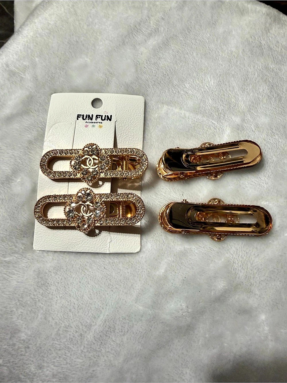 4 Fun Rhinestone Hair Clips Set in Gold Tone